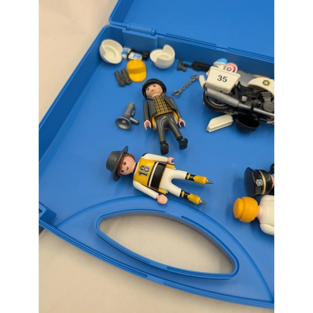 Playmobil Carrying Case W Figures Accessories Police Motorcycle Hockey Players